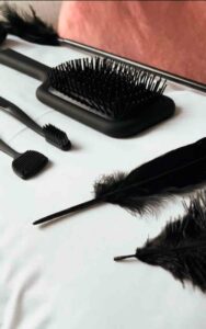 imagen de un cepillo de pelo y varias plumas para realizar una sesión para una gran experiencia de tickling